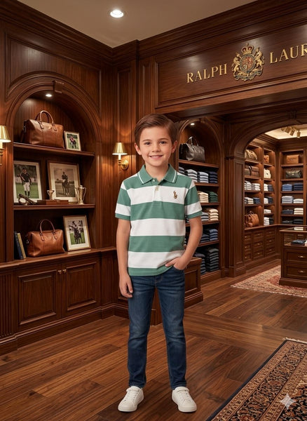 Kids Green & White Striped Polo T-Shirt – Smart Casual Style