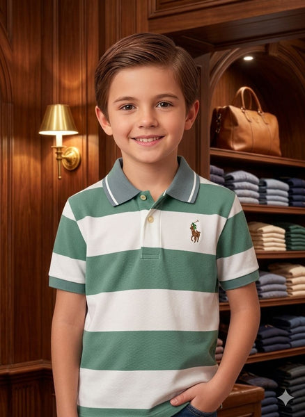Kids Green & White Striped Polo T-Shirt – Smart Casual Style