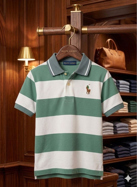 Kids Green & White Striped Polo T-Shirt – Smart Casual Style