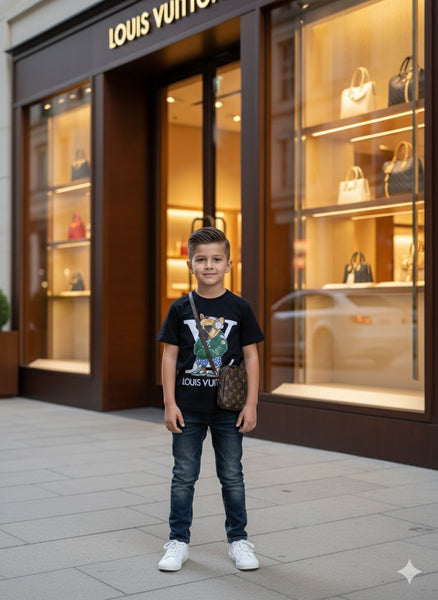 Kids Trendy Black Graphic T-Shirt  Cool Cartoon Style