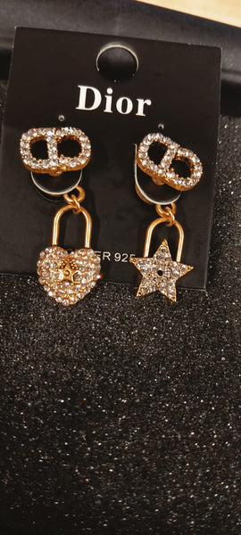 Elegant Gold-Tone Crystal Lock & Star Drop Earrings