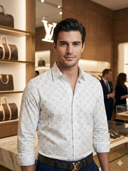 Premium White Monogram Printed Casual Shirt for Men