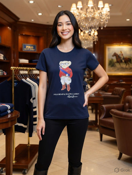 Premium Polo Bear Graphic Navy Blue T-Shirt for Women