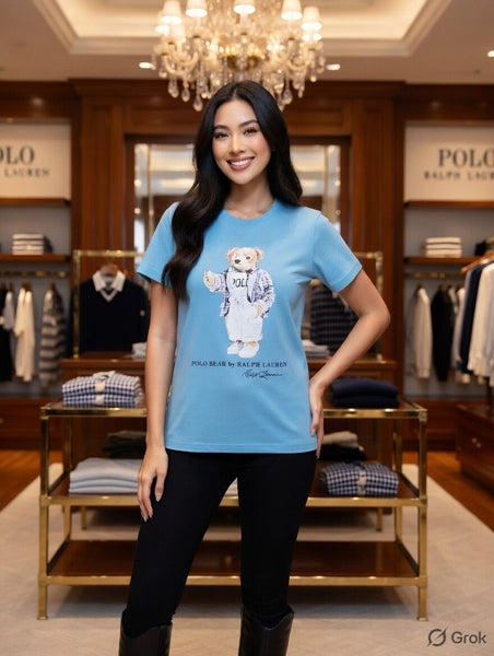 Premium Polo Bear Graphic Sky Blue T-Shirt for Women