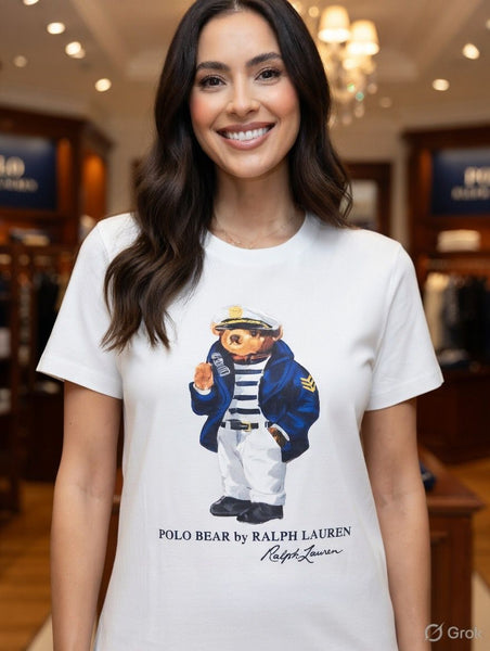 Classic White Polo Bear Sailor Graphic T-Shirt