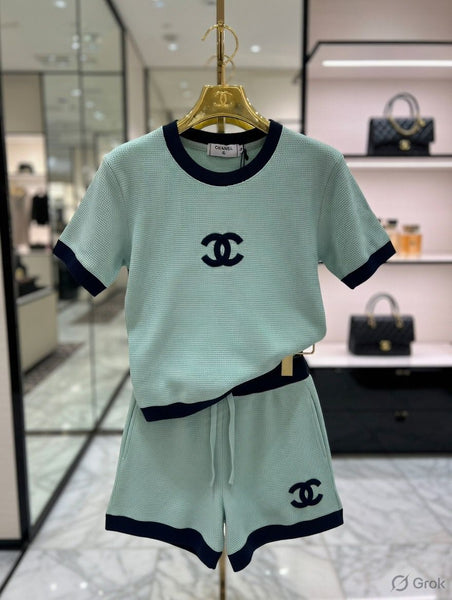 Luxury Mint Green Co-Ord Knit Set with Logo Detail for Women