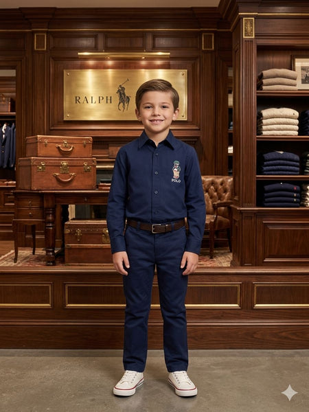 Kid's Classic Navy Button-Down Shirt with Polo Bear Embroidery