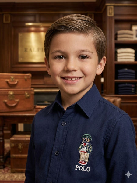 Kid's Classic Navy Button-Down Shirt with Polo Bear Embroidery