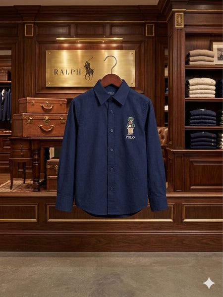 Kid's Classic Navy Button-Down Shirt with Polo Bear Embroidery