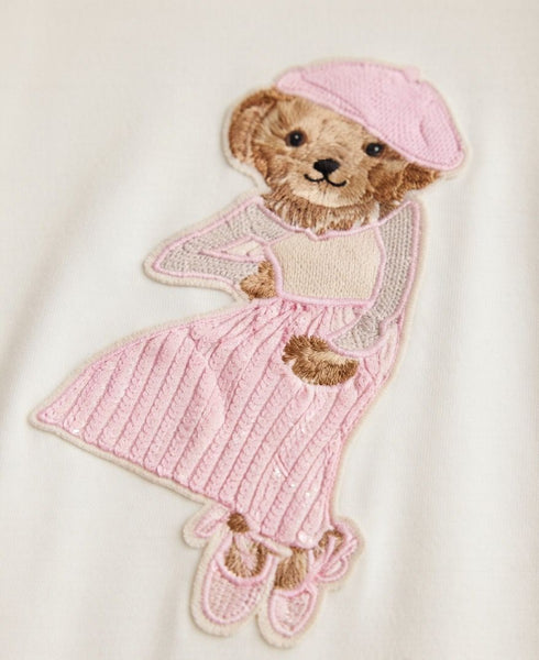 Premium Chic White Embroidered Bear T-Shirt For Women