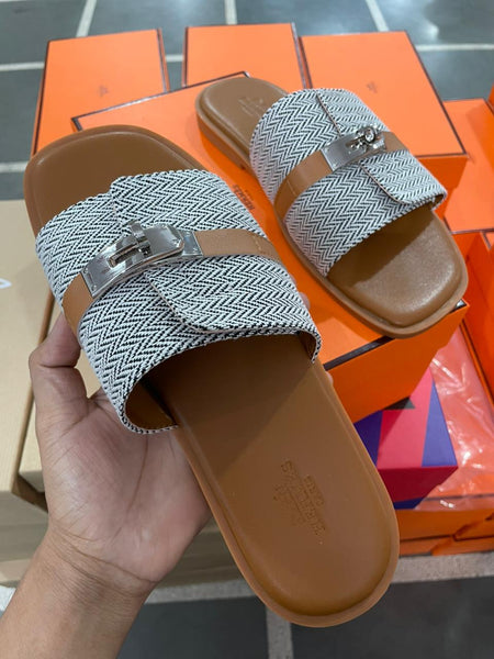 Premium Designer Slide Sandals Stylish  Flat Slippers with Metal Buckle