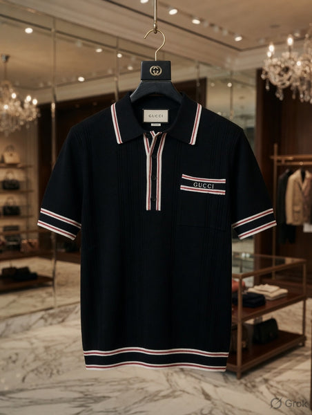 Men’s Premium Black Polo T-Shirt with Web Stripe Detail