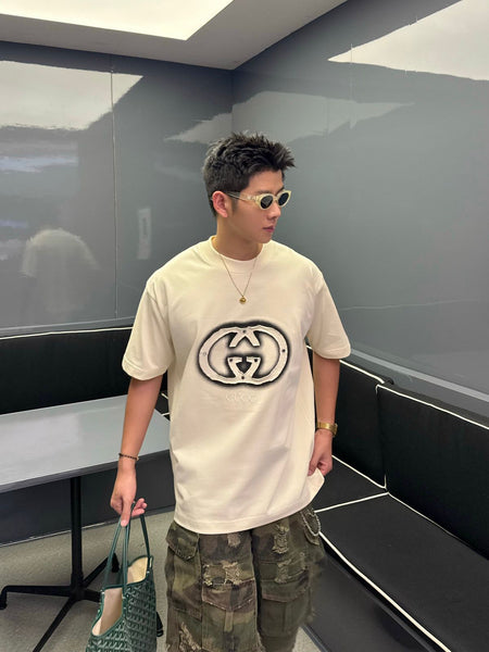 Trendy Cream Oversized Embroidered  T-Shirt for Men