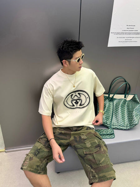 Trendy Cream Oversized Embroidered  T-Shirt for Men