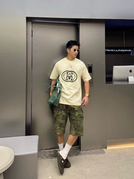 Trendy Cream Oversized Embroidered  T-Shirt for Men