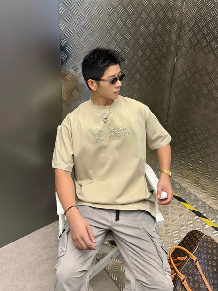 Premium Beige Embroidered Logo Drop Shoulder  T-Shirt for Men