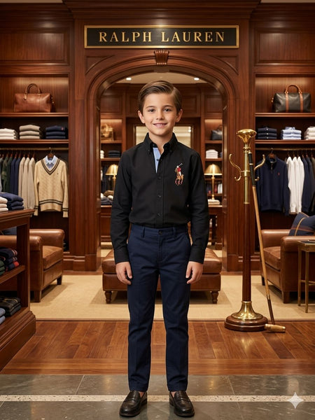 Kids Premium Black Polo Shirt With Brand Logo  Button-Down Style