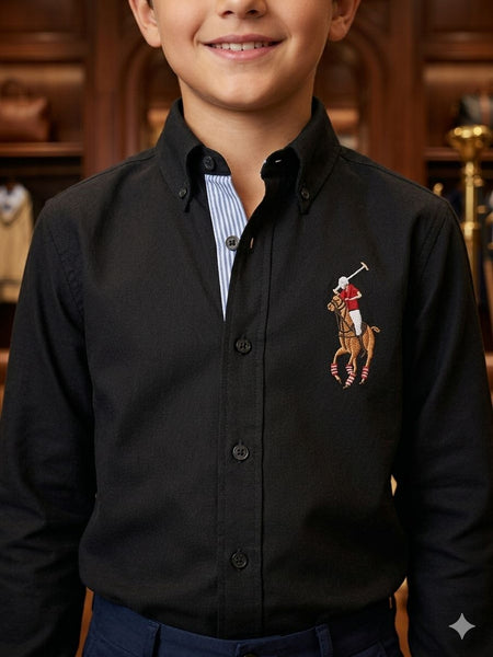 Kids Premium Black Polo Shirt With Brand Logo  Button-Down Style