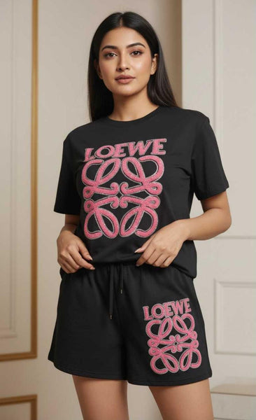 Premium Black Printed Co-Ord Set for Women T-Shirt & Shorts Lounge Wear