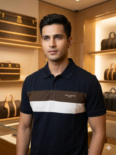 Premium Navy Blue Striped Polo T-Shirt for Men