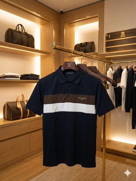 Premium Navy Blue Striped Polo T-Shirt for Men