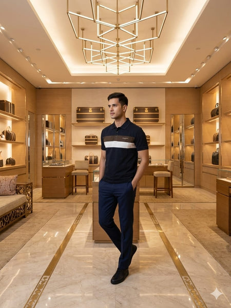 Premium Navy Blue Striped Polo T-Shirt for Men