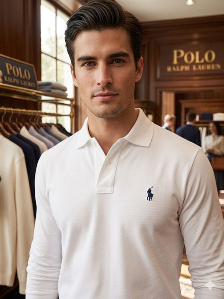 Luxury Elegant Long Sleeve Polo  Signature Collar White Edition