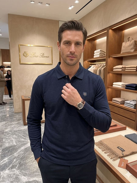Premium Exclusive Long Sleeve Polo  Ultra-Luxury Navy Knit Edition