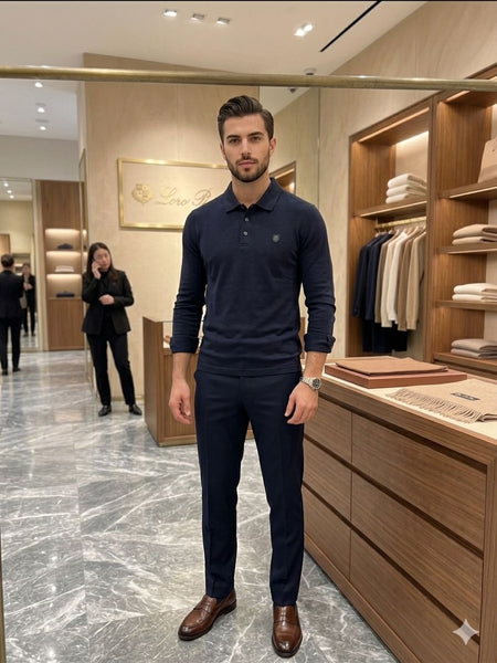 Premium Exclusive Long Sleeve Polo  Ultra-Luxury Navy Knit Edition