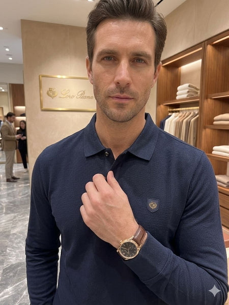 Premium Exclusive Long Sleeve Polo  Ultra-Luxury Navy Knit Edition