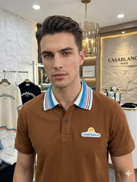Premium Brown Polo T-Shirt with Contrast Striped Collar for Men