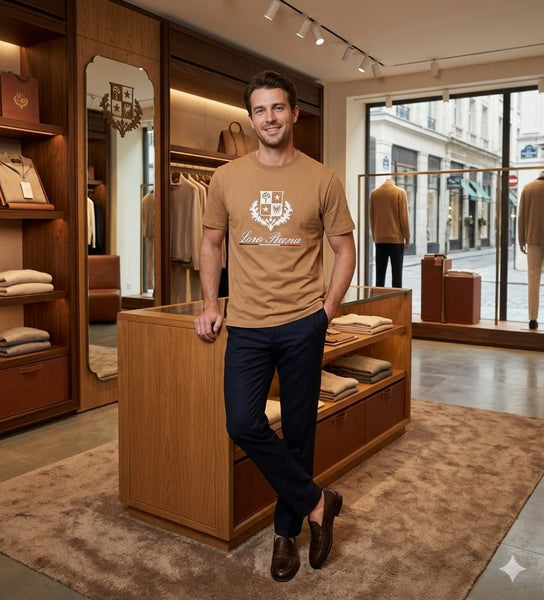 Luxury Beige Graphic Crew Neck T-Shirt for Men Premium Casual Tee