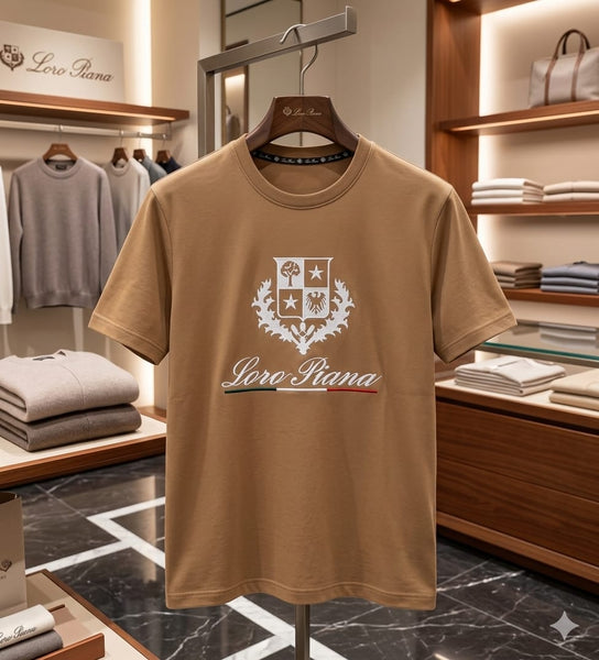 Luxury Beige Graphic Crew Neck T-Shirt for Men Premium Casual Tee