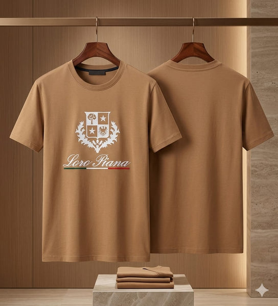 Luxury Beige Graphic Crew Neck T-Shirt for Men Premium Casual Tee