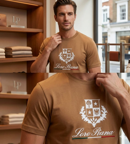 Luxury Beige Graphic Crew Neck T-Shirt for Men Premium Casual Tee