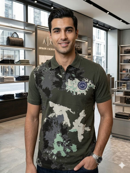 Premium Olive Green Printed Polo T-Shirt for Men