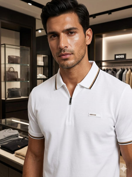 Premium Men’s White Zip Polo T-Shirt Stylish Regular Fit Casual Wear