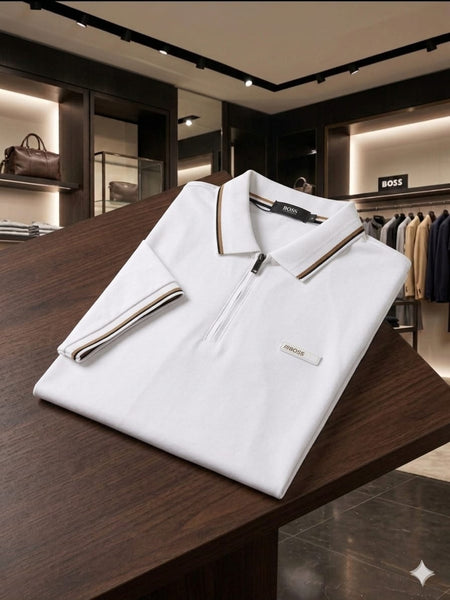 Premium Men’s White Zip Polo T-Shirt Stylish Regular Fit Casual Wear
