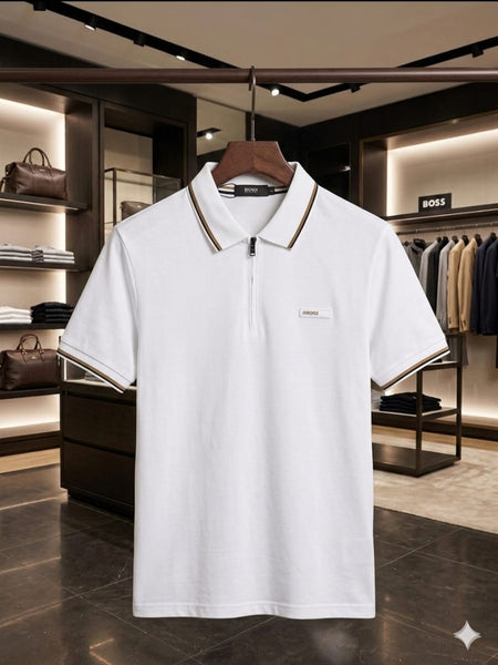 Premium Men’s White Zip Polo T-Shirt Stylish Regular Fit Casual Wear