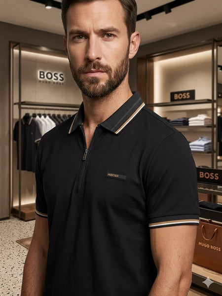 Premium Men’s Black Zip Polo T-Shirt Elegant  Casual Wear