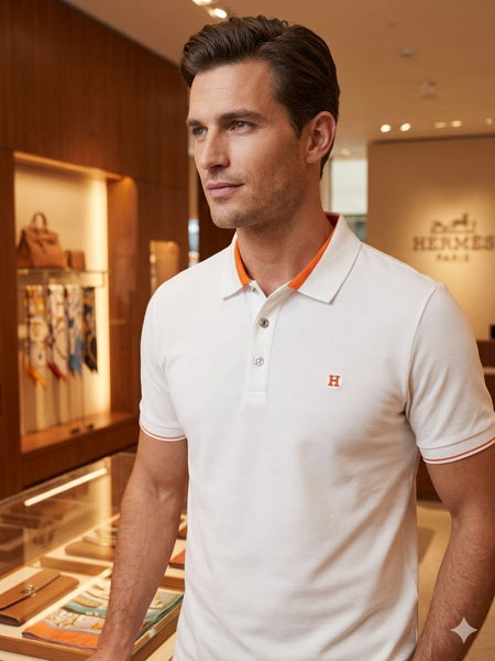 Premium White Polo T-Shirt with Orange Collar Accent for Men