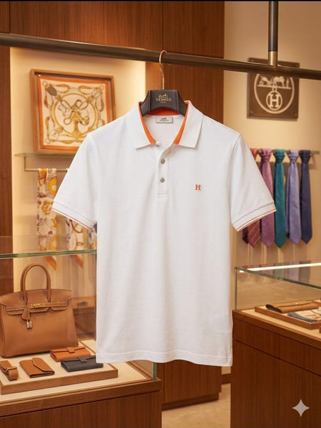 Premium White Polo T-Shirt with Orange Collar Accent for Men