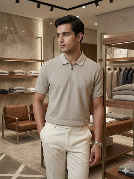 Premium Men’s Beige Zip Collar Polo T-Shirt  Classic and Stylish Design