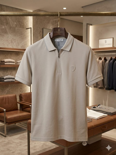 Premium Men’s Beige Zip Collar Polo T-Shirt  Classic and Stylish Design