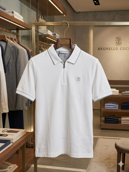 Luxury White Zip Neck Polo T-Shirt For Men Collared Half Sleeve Polo Shirt For Men