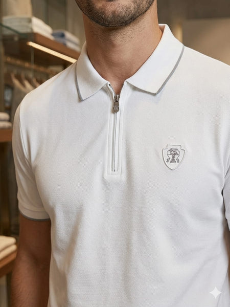 Luxury White Zip Neck Polo T-Shirt For Men Collared Half Sleeve Polo Shirt For Men