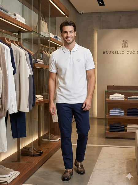 Luxury White Zip Neck Polo T-Shirt For Men Collared Half Sleeve Polo Shirt For Men