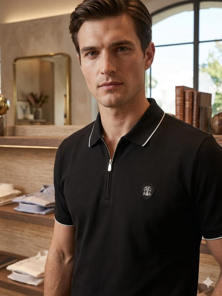 Men’s Luxury Black Polo T-Shirt With Zip & Collar  Half Sleeve Polo Shirt For Men
