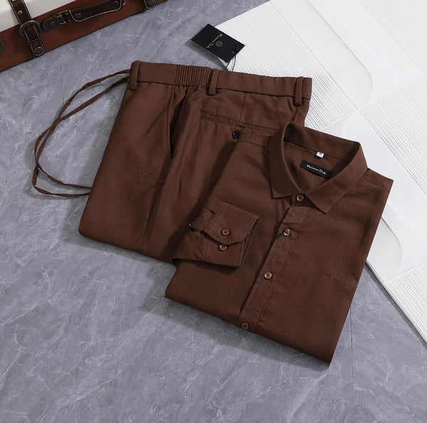 premium Elegant Brown Linen Shirt & Trouser Co-Ord Set for Men