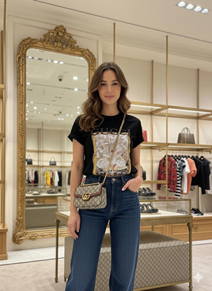 Luxury Floral Graphic Black T-Shirt for Women